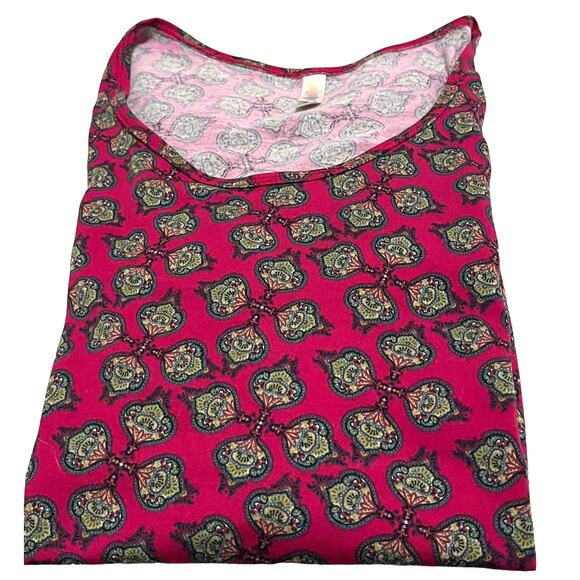 LULAROE SHORT SLEEVE PULL-OVER TOP, WOMENS, M, CRANBERRY & GREEN ABSTRACT, Hi-LO - Picture 7 of 10